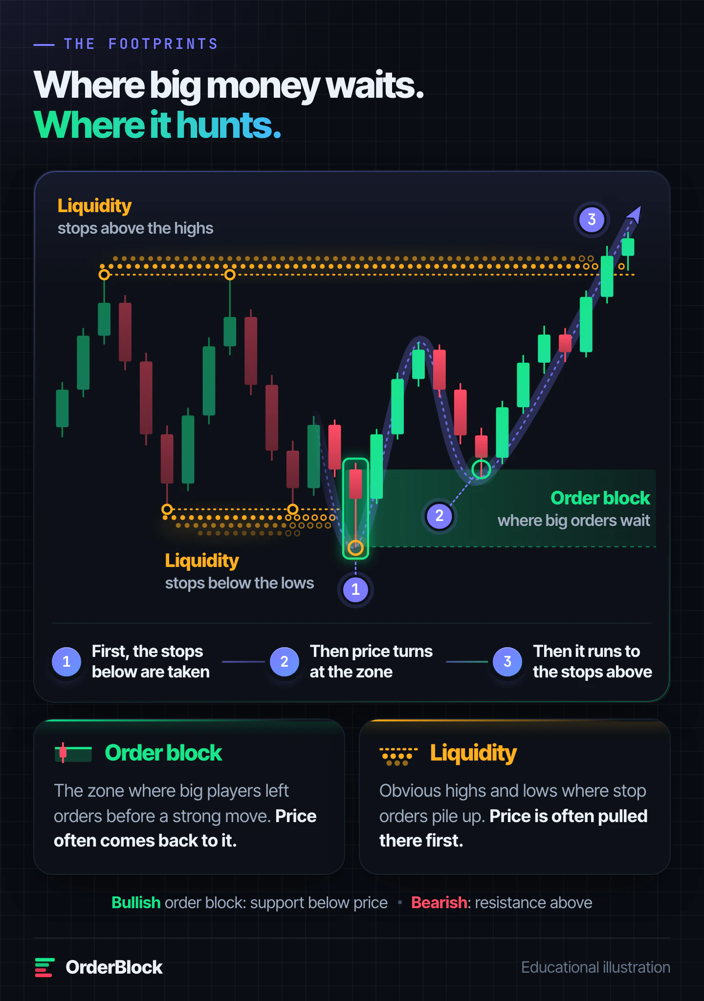 Order block and liquidity on one chart: price first dips under the equal lows to take the stops resting there, the last red candle becomes the order block zone where big orders wait, price comes back to it and turns up, then runs to the stops above the highs